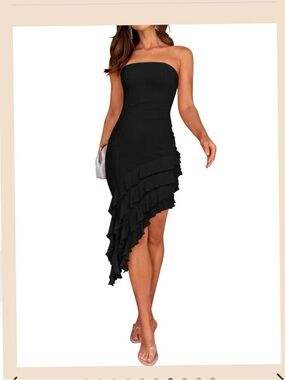 New Women Small ZESICA OFF SHOULDER MESH IRREGULAR RUFFLE BODYCON MIDI DRESS